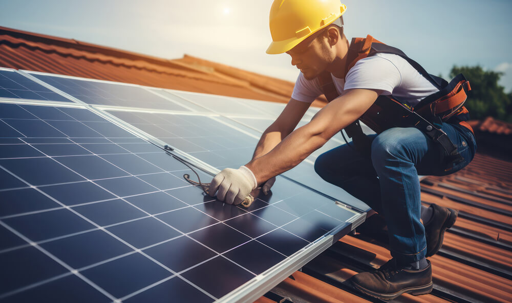 Technicien installant un panneau photovoltaïque